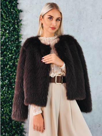 Dámsky hnedý kožuštek s huňatým efektom