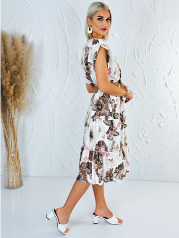 Dámske hnedé kvetované šaty s hnedým opaskom