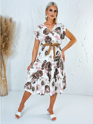 Dámske hnedé kvetované šaty s hnedým opaskom