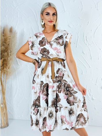 Dámske hnedé kvetované šaty s hnedým opaskom