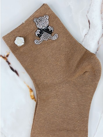 Dámske hnedé ponožky s kamienkami a gombíkom TEDDY