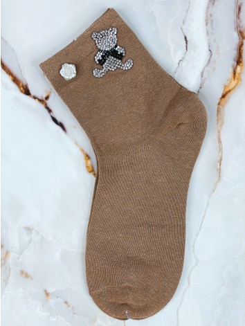 Dámske hnedé ponožky s kamienkami a gombíkom TEDDY