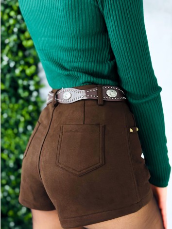 Dámske hnedé semišové kraťasy s opaskom