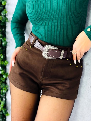 Dámske hnedé semišové kraťasy s opaskom