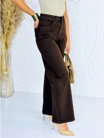 Dámske hnedé široké džínsy s kamienkami | Wide-leg rifle s vysokým pásom