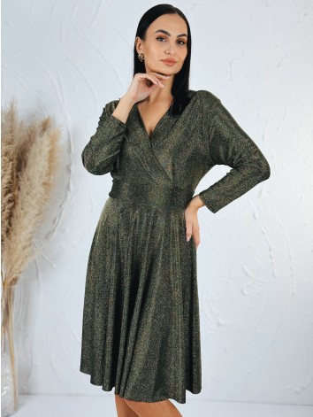 Dámske khaki trblietavé šaty s véčkovým výstrihom aj pre moletky