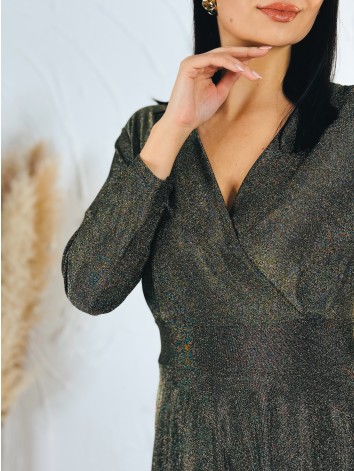 Dámske khaki trblietavé šaty s véčkovým výstrihom aj pre moletky