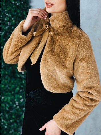 Dámske kožušinové béžové bolerko s dlhým rukávom