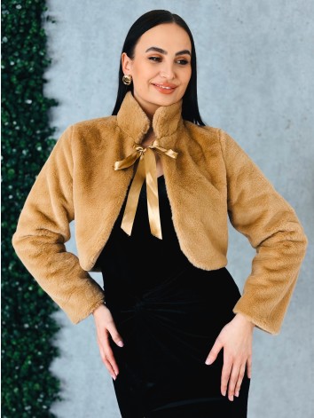 Dámske kožušinové béžové bolerko s dlhým rukávom