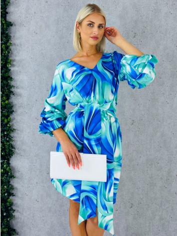 Dámske krátke elegantné tyrkysovo-modré šaty s previazaním Mixi
