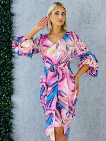 Dámske krátke elegantné tyrkysovo-ružové šaty s previazaním Mixi aj pre moletky