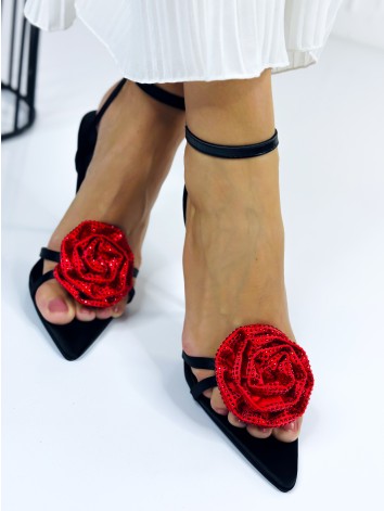 Dámske luxusné čierne sandále s červenou ružou