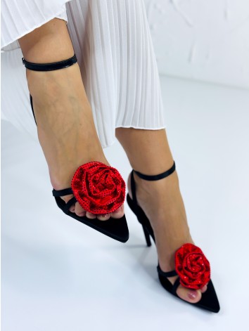 Dámske luxusné čierne sandále s červenou ružou