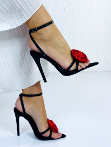 Dámske luxusné čierne sandále s červenou ružou