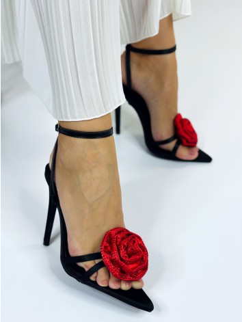 Dámske luxusné čierne sandále s červenou ružou