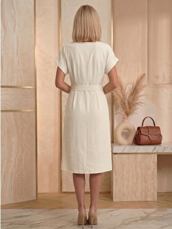 Dámske midi béžové letné šaty s gombíkmi a opaskom