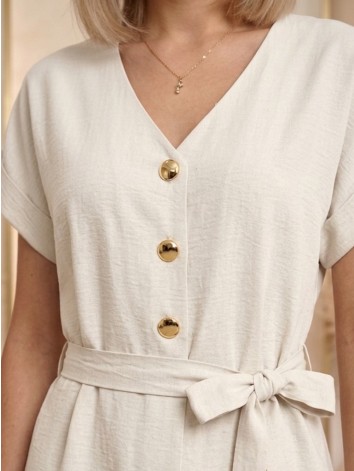 Dámske midi béžové letné šaty s gombíkmi a opaskom