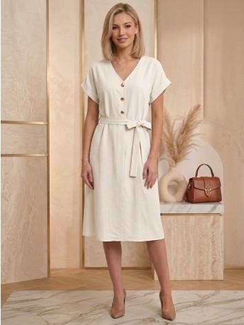 Dámske midi béžové letné šaty s gombíkmi a opaskom
