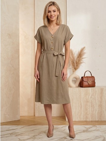 Dámske midi hnedé letné šaty s gombíkmi a opaskom