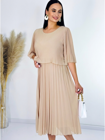 Dámske midi plisované spoločenské šaty - béžové