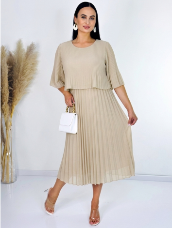 Dámske midi plisované spoločenské šaty - béžové
