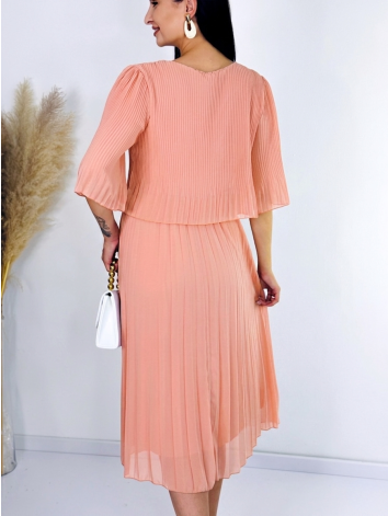 Dámske midi plisované spoločenské šaty - broskyňové