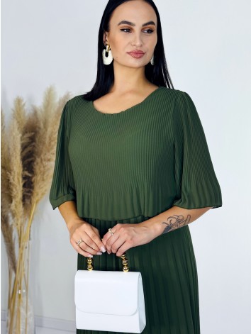 Dámske midi plisované spoločenské šaty - khaki