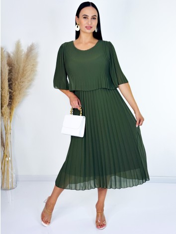 Dámske midi plisované spoločenské šaty - khaki