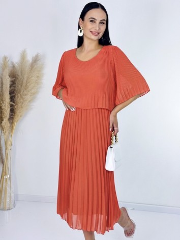 Dámske midi plisované spoločenské šaty - korálové