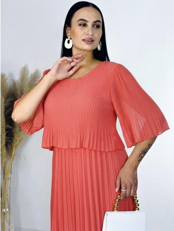 Dámske midi plisované spoločenské šaty - korálové