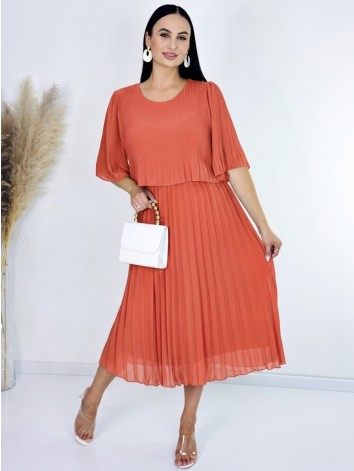 Dámske midi plisované spoločenské šaty - korálové