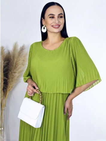 Dámske midi plisované spoločenské šaty - olivové