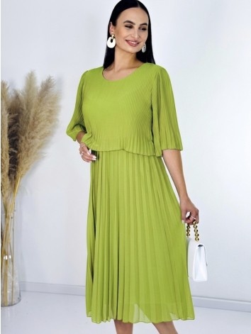 Dámske midi plisované spoločenské šaty - olivové