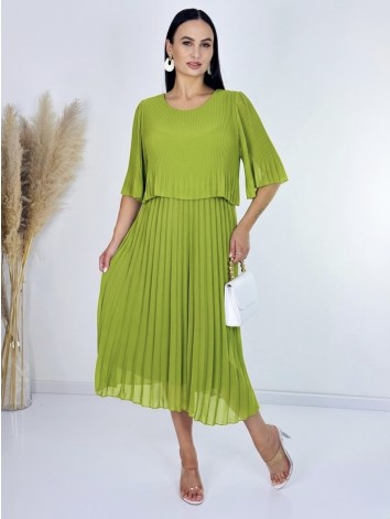 Dámske midi plisované spoločenské šaty - olivové