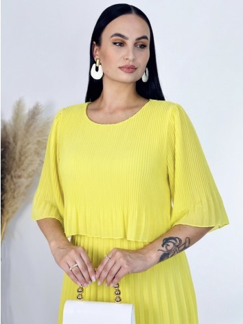 Dámske midi plisované spoločenské šaty - žlté