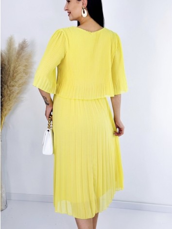 Dámske midi plisované spoločenské šaty - žlté