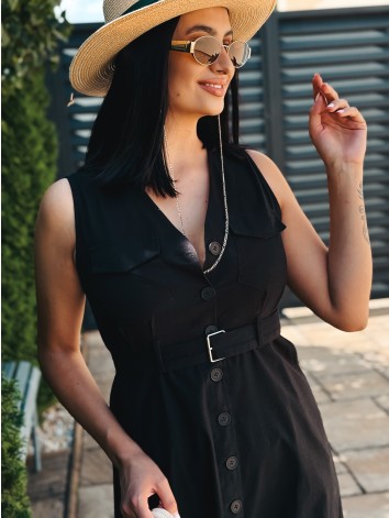 Dámske midi ľanové šaty s opaskom a vreckami - čierne