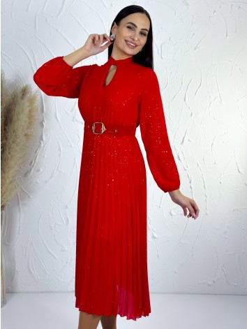 Dámske midi trblietavé šaty s opaskom - červené