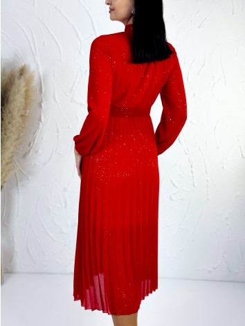 Dámske midi trblietavé šaty s opaskom - červené