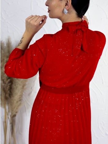 Dámske midi trblietavé šaty s opaskom - červené