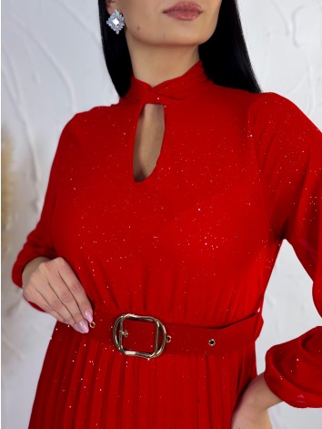 Dámske midi trblietavé šaty s opaskom - červené