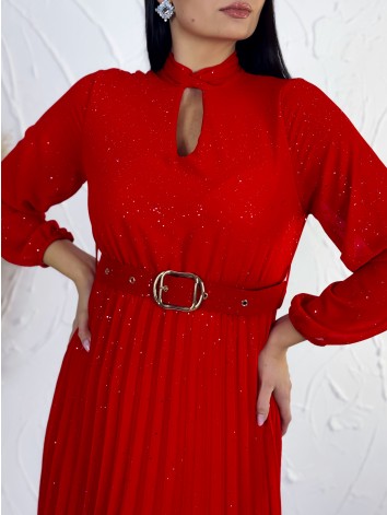 Dámske midi trblietavé šaty s opaskom - červené