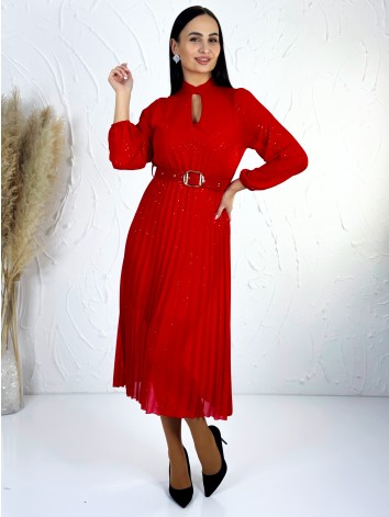 Dámske midi trblietavé šaty s opaskom - červené