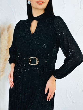 Dámske midi trblietavé šaty s opaskom - čierne