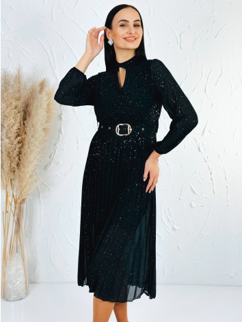Dámske midi trblietavé šaty s opaskom - čierne