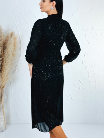Dámske midi trblietavé šaty s opaskom - čierne