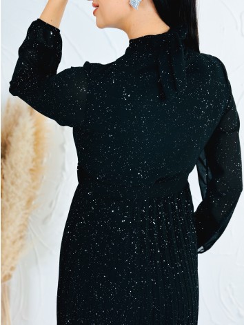 Dámske midi trblietavé šaty s opaskom - čierne