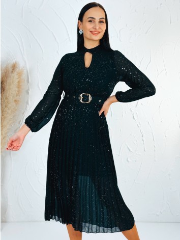 Dámske midi trblietavé šaty s opaskom - čierne