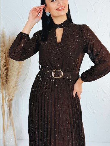 Dámske midi trblietavé šaty s opaskom - hnedé