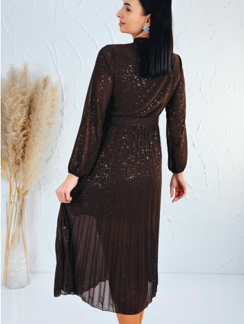 Dámske midi trblietavé šaty s opaskom - hnedé
